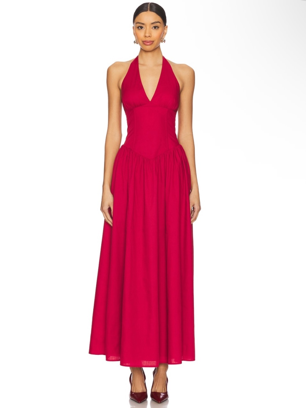 More To Come Bexley Halter V Neck Cinched Waist Maxi Dress in Oxblood Red Medium